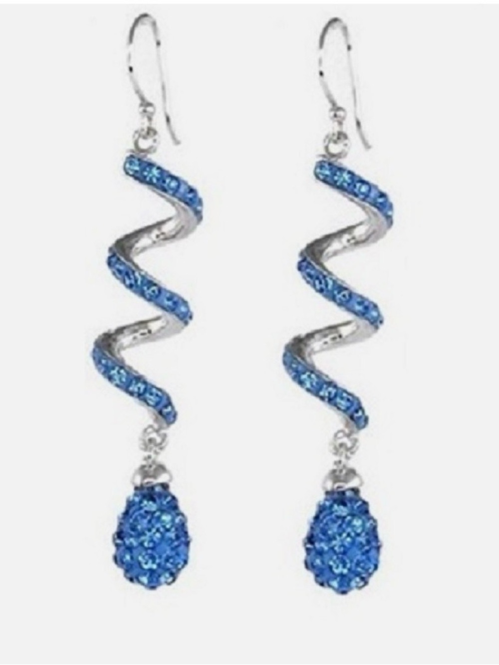 14 kt White Gold Plated Drop Swirl Earrings Featuring Blue Austrian Crystals